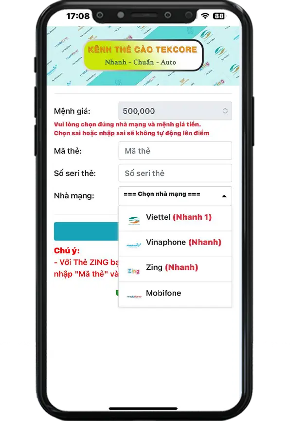 Bước 3: Điền mã thẻ cào - điền số seri thẻ cào - chọn loại thẻ cào => Ấn nạp thẻ cào
